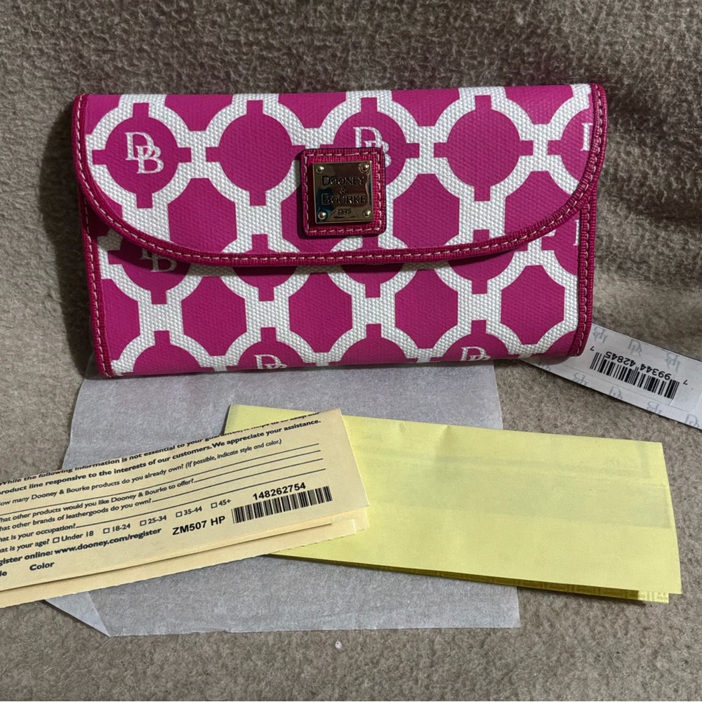 NWT Dooney & Bourke Sanibel Monogram Trifold Wallet, Color Hot Pink